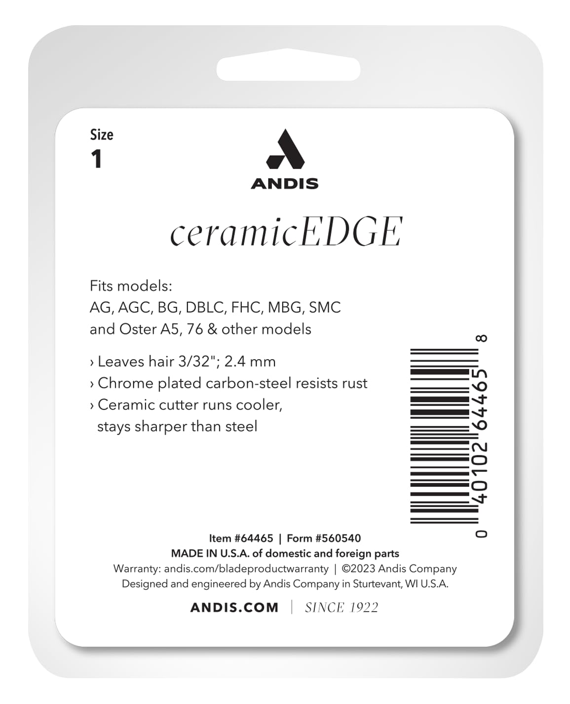 Andis 64465 CeramicEdge Carbon-Infused Detachable Blade, Size 1, 3/32in Cut | Fits AGC, BDC, BGC, BGR, DBLC, MBG & SMC clippers