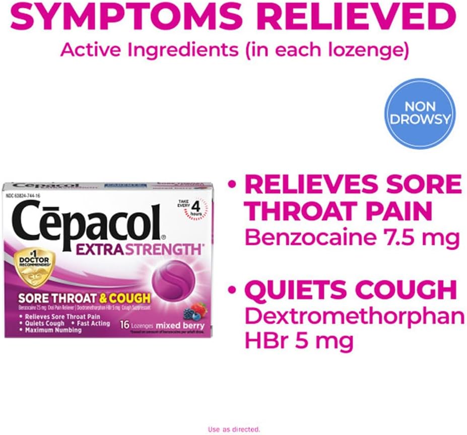 Cepacol Extra Strength Sore Throat & Cough Relief Lozenges, 16 Count, Mixed Berry Flavor, Maximum Numbing, Fast Acting Relieves Sore Throat Pain, and Quiets Cough (Pack of 4)