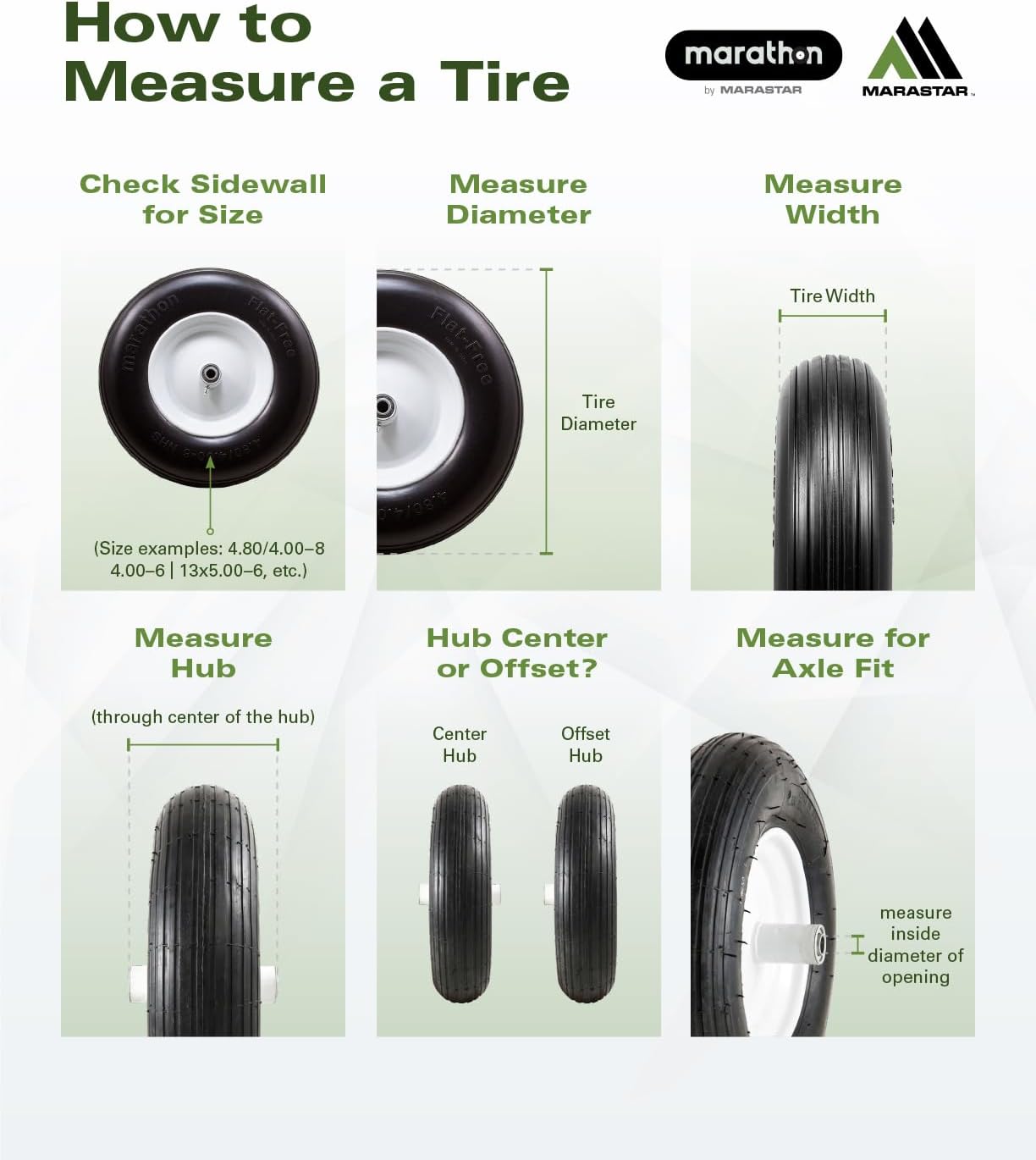 Marathon 4.80/4.00-8" Flat Free Tire on Wheel, 3" Hub, 5/8" Bearings, Ribbed Tread