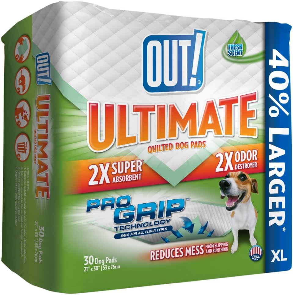 OUT! PetCare Large Dog Pee Pads, Leak Proof Training Pads, 21x21, 50 Count | Doggy Pee Pads, Leak Proof, Odor Control, Extra Absorbent, Potty Training, Housebreaking, Crate Training, Travel Use