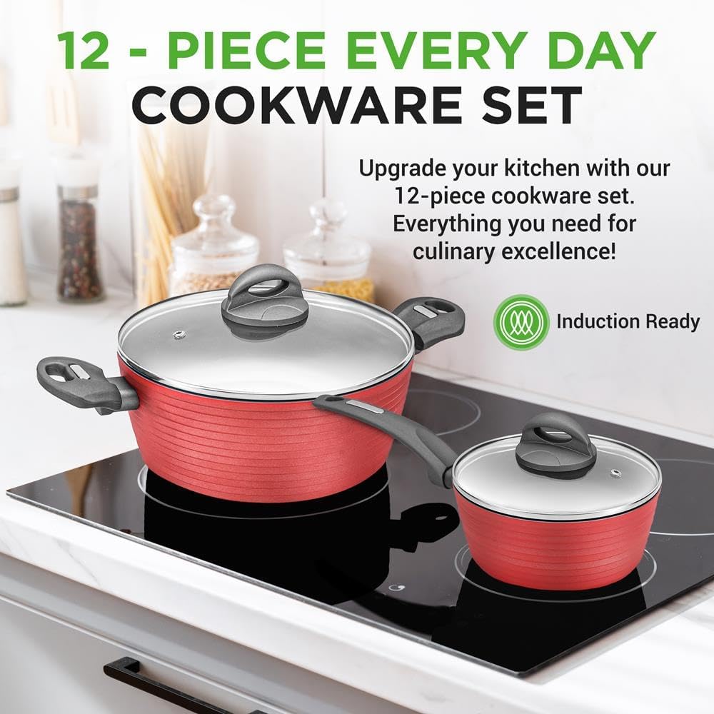NutriChef Professional 12-Piece Nonstick Cookware - PFOA/PFOS-Free, Heat Resistant Lacquer, Elegant Design, Multi-Sized Pots and Pans, Teal/Gray/Green