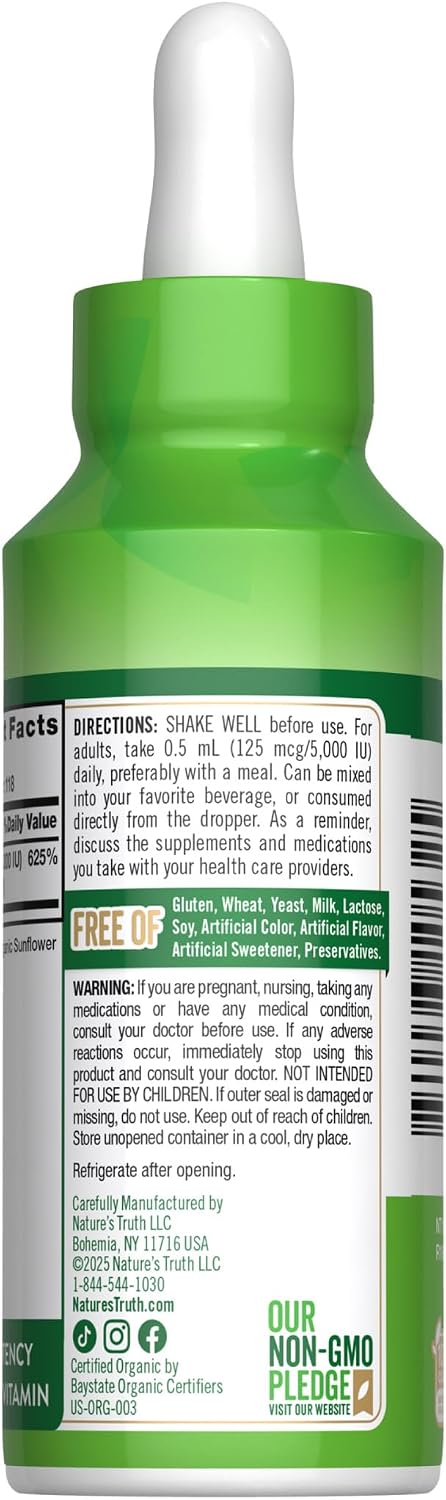 Nature's Truth Vitamin D3 Liquid | 5000 IU | 2 fl oz | Non-GMO and Gluten Free Supplement | Non-GMO and Gluten Free Supplement