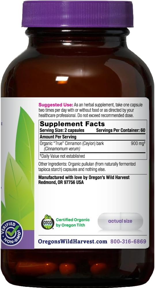 Oregon's Wild Harvest Organic True Cinnamon Ceylon 120 Count Vegan Capsules