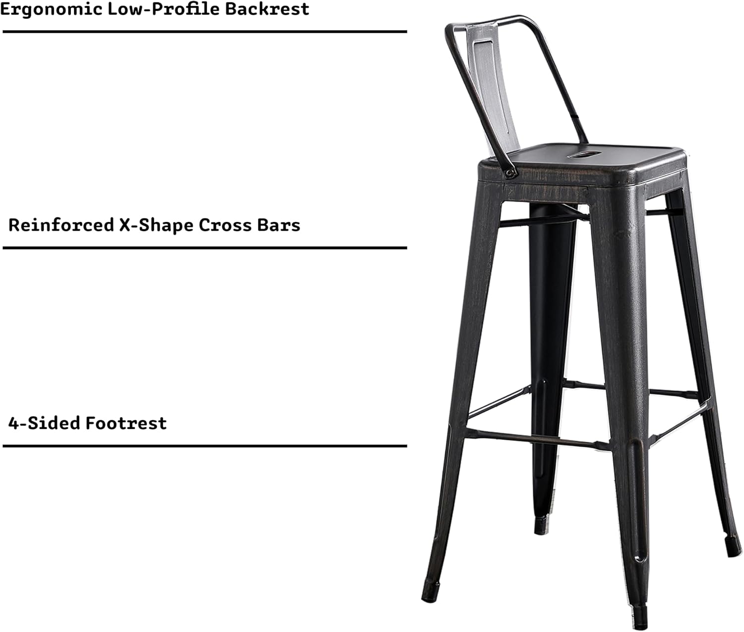 AC Pacific 30” Metal Barstool Set of 2 – Country Rustic Style with Low Back, Lightweight & Sturdy Build, Easy Assembly – Matte Black