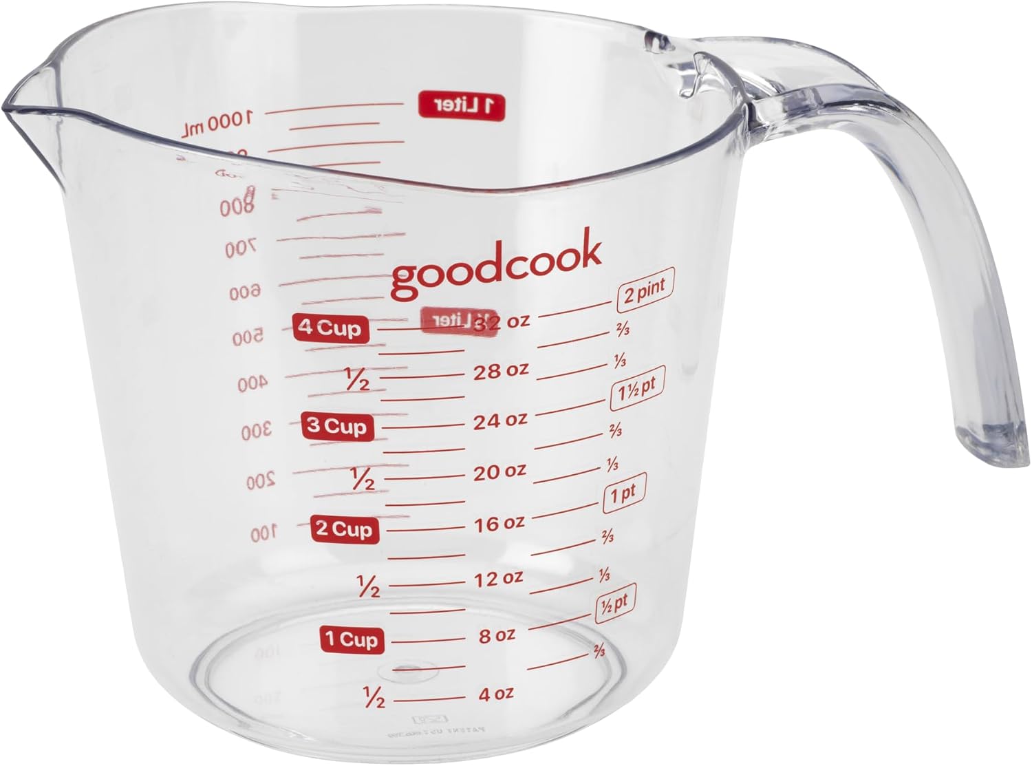 GoodCook Everyday 4-Cup Liquid Measuring Cup, Clear Plastic with Easy-to-Read Markings, Tapered Pour Spout, Comfortable Handle, Measures in Cups, Ounces, Pints, and Milliliters