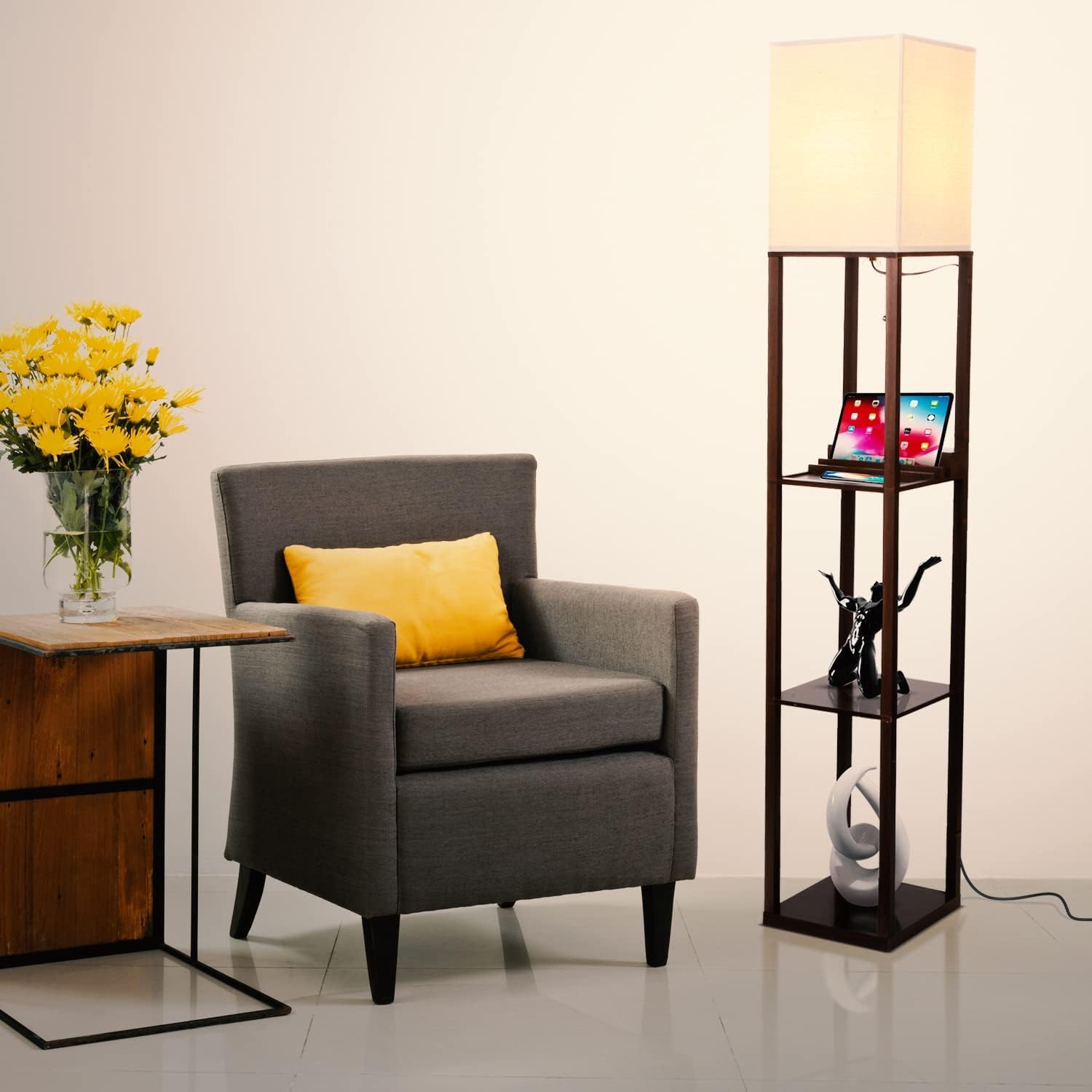 Brightech Maxwell Charger - Modern Shelf Floor Lamp with USB Charging Ports & Electric Outlet - Corner Display Floor Lamps with Shelves for Living