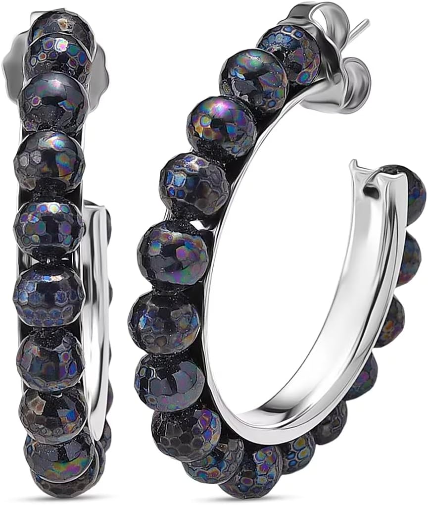 Shop LC Faceted Peacock Color Shell Pearl Hoop Earrings in Stainless Steel