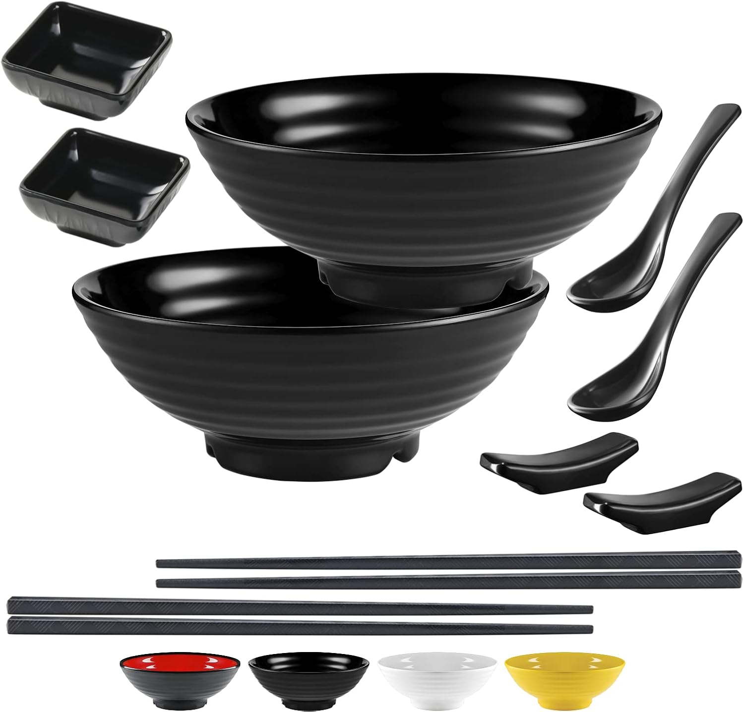 Unbreakable Ramen Bowl Set with Chopsticks and Spoon: 2 large Japanese Style Melamine Ramen Bowls