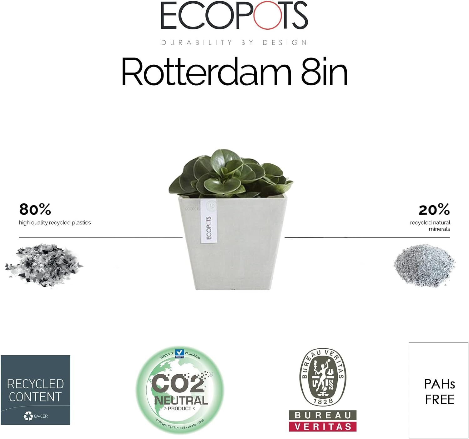Ecopots Rotterdam Square Flower Planter, White Grey, 8" | Modern Style, Durable Recycled-Based Composite Construction, Weather and UV-Resistant, for Indoor/Outdoor Use