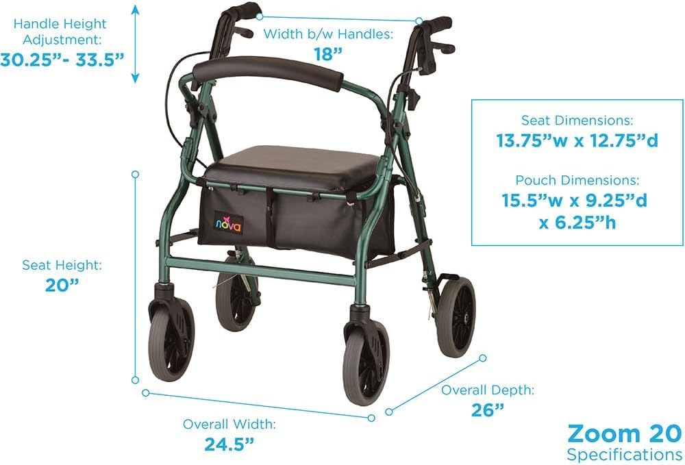 NOVA Zoom 22 Rollator Walker for Seniors, Rolling Walker with Locking Hand Brakes, Padded Seat & 8" Wheels, Lock N Load for Easy Transport & Storage, Adjustable Height 5'5"–6'1", Red