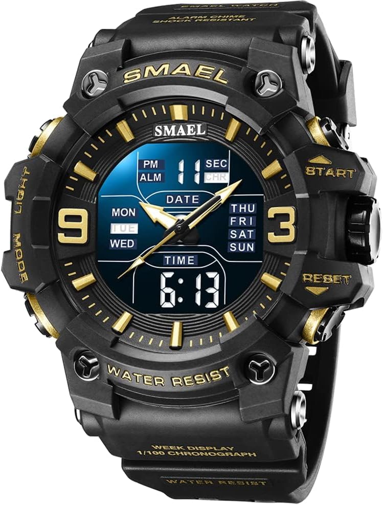 Gosasa Men's Large Face Outdoor Sports Watches Military S-Shock Watch Waterproof, Backlight, Alarm, Stopwatch Features - Rugged Wristwatch for Training, Hiking, and Adventure
