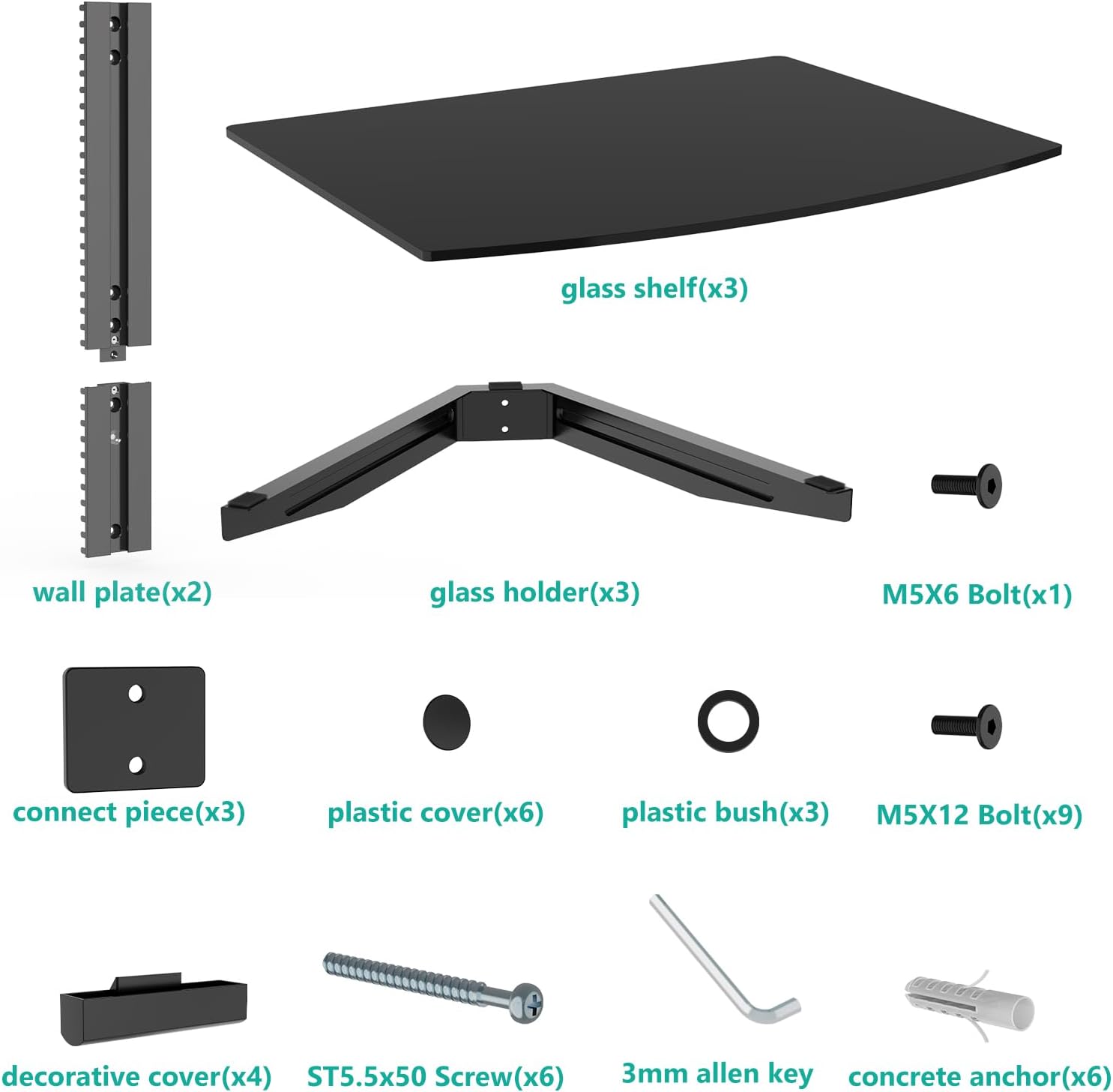 WALI Floating TV Shelf, 2 Tier Glass Projector Shelf for DVD Players, Routers, Game Consoles, Cable Boxes, Living Room Decor, Wall Mount Shelves Hold Up to 17.6lbs (CS202B), 2-Shelf, Black