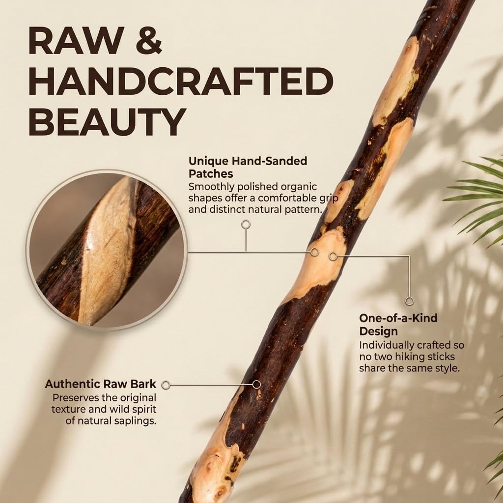 FOREST PILOT Handcrafted Nature Wood Hiking Stick 55 Inches Long - with Hand Strap and Rubber Tip Cover - Transparent Waterproof Painting Coating