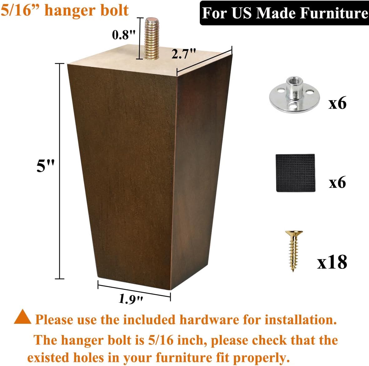Sofa Legs Square Bed Feet 2 inch Wood Replacement Leg for Furniture Set of 4, Dark Brown