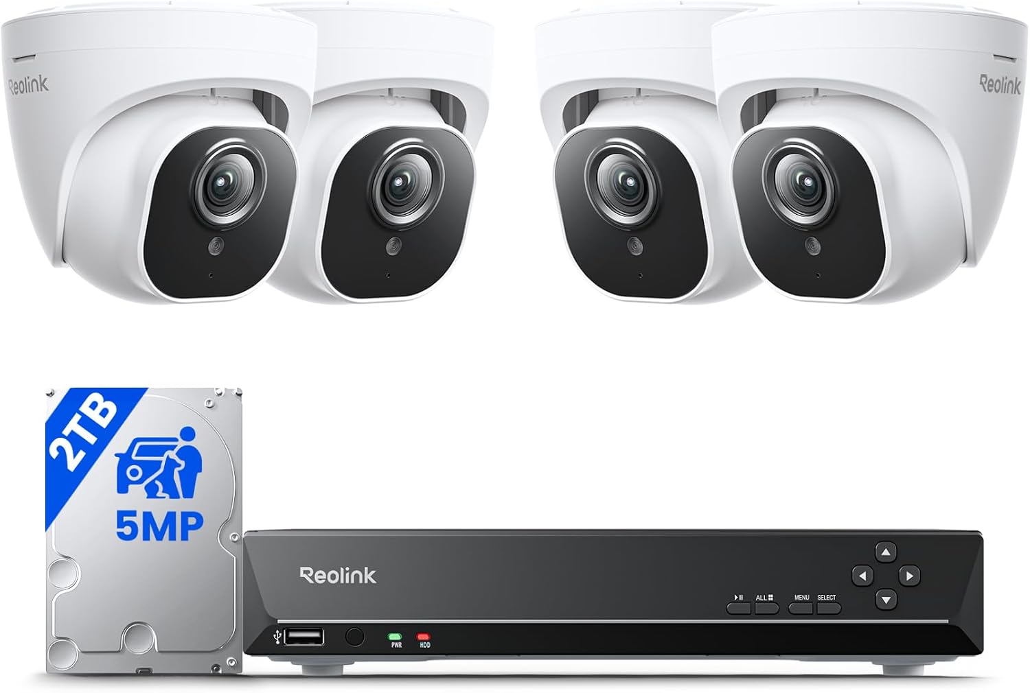 REOLINK 5MP 8CH Home Security Camera System with 2TB HDD RLK8-520D4-5MP | 4pcs 5MP Wired PoE IP Cameras Outdoor with Person/Pet/Vehicle Detection