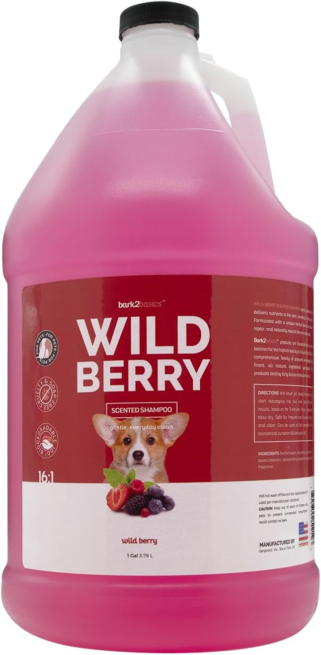Bark2Basics Wild Berry Dog Shampoo, 1 Gallon | Unique Herbal Blend, Finest Natural Ingredients, Handcrafted, Soap-Free & Cruelty-Free