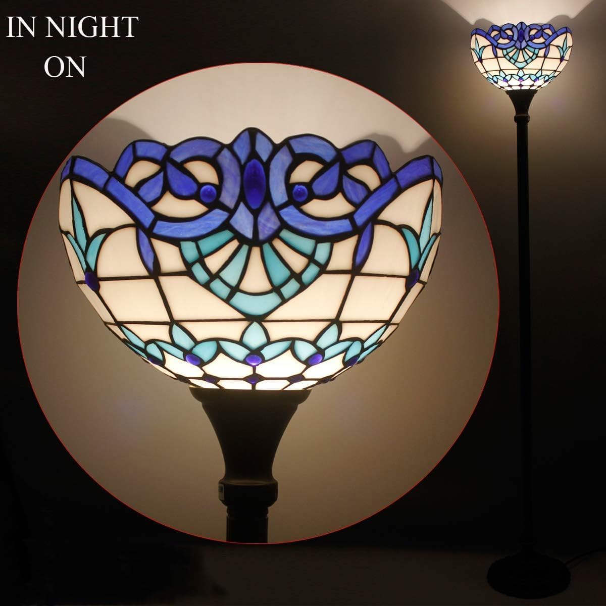 WERFACTORY Tiffany Floor Lamp Navy Baroque Stained Glass Torchiere Light | 12X12X71 Inches Pole Blue Standing Corner Torch Uplight Decor Bedroom