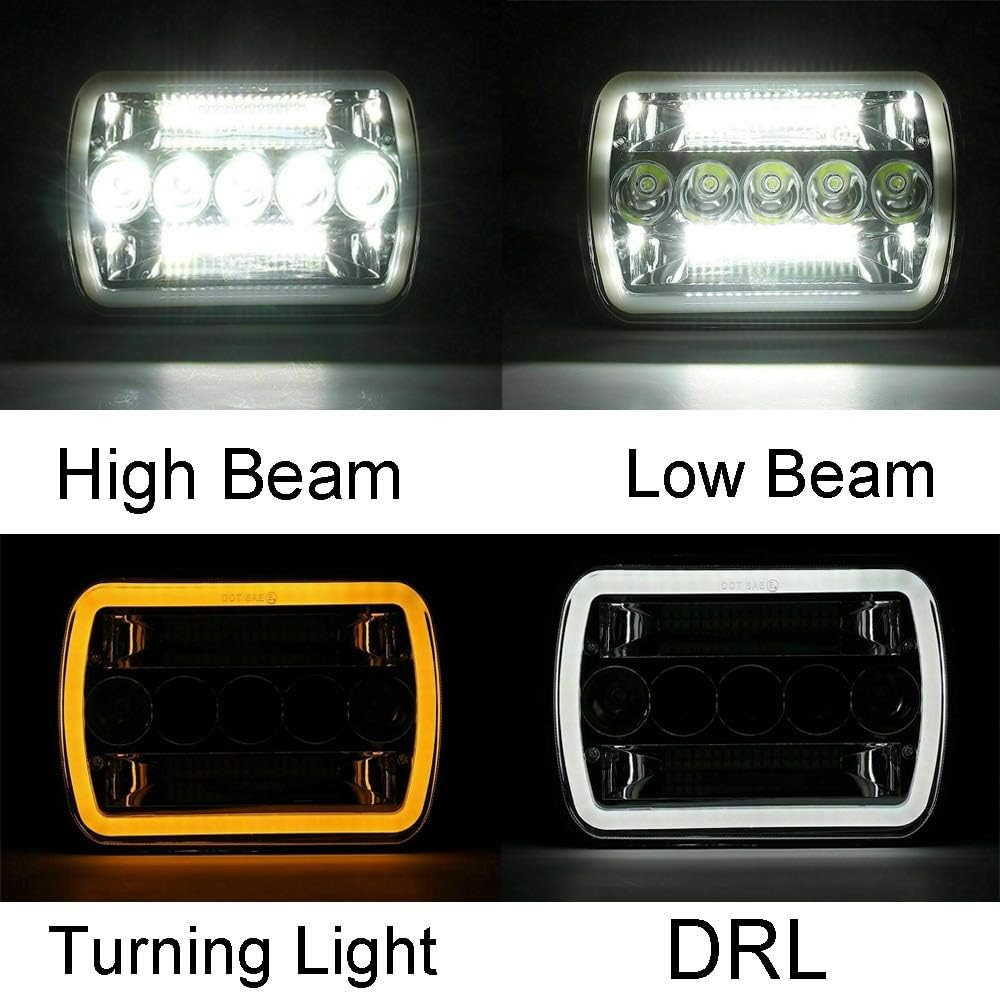 Super Bright Pair 7x6 5x7 Headlights 6052 6054 H5054 H6054 Hi/Low Sealed Beam White/Amber Halo Compatible With Jeep Cherokee XJ YJ Pickup Dodge Ram