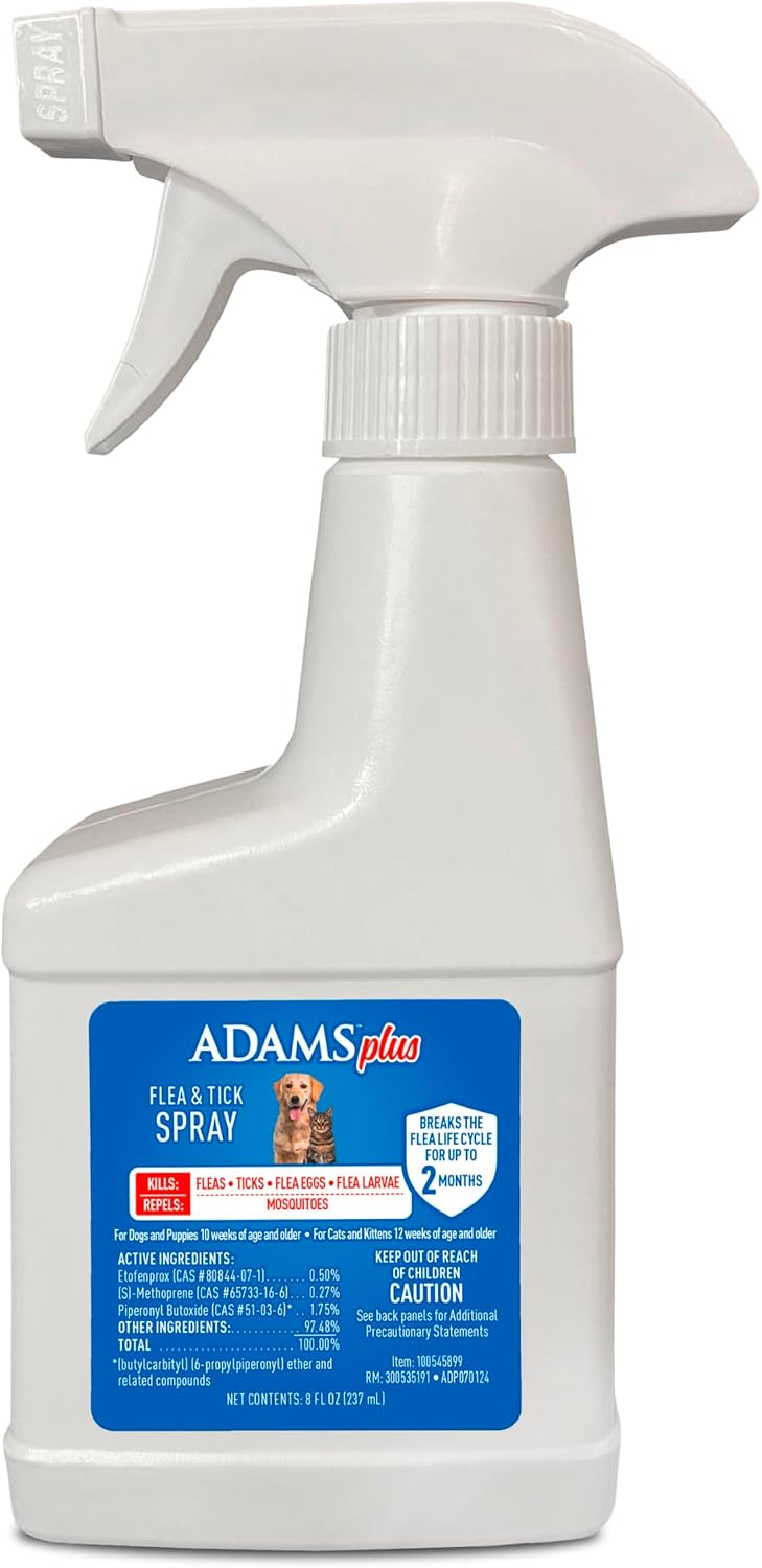 ADAMS Plus Flea and Tick Spray for Dogs & Cats, Kills Fleas and Ticks, Repels Mosquitoes, Prevents Infestations up to 2 Months, Treatment for Dogs, Cats, Puppies & Kittens, 16 Fl Oz