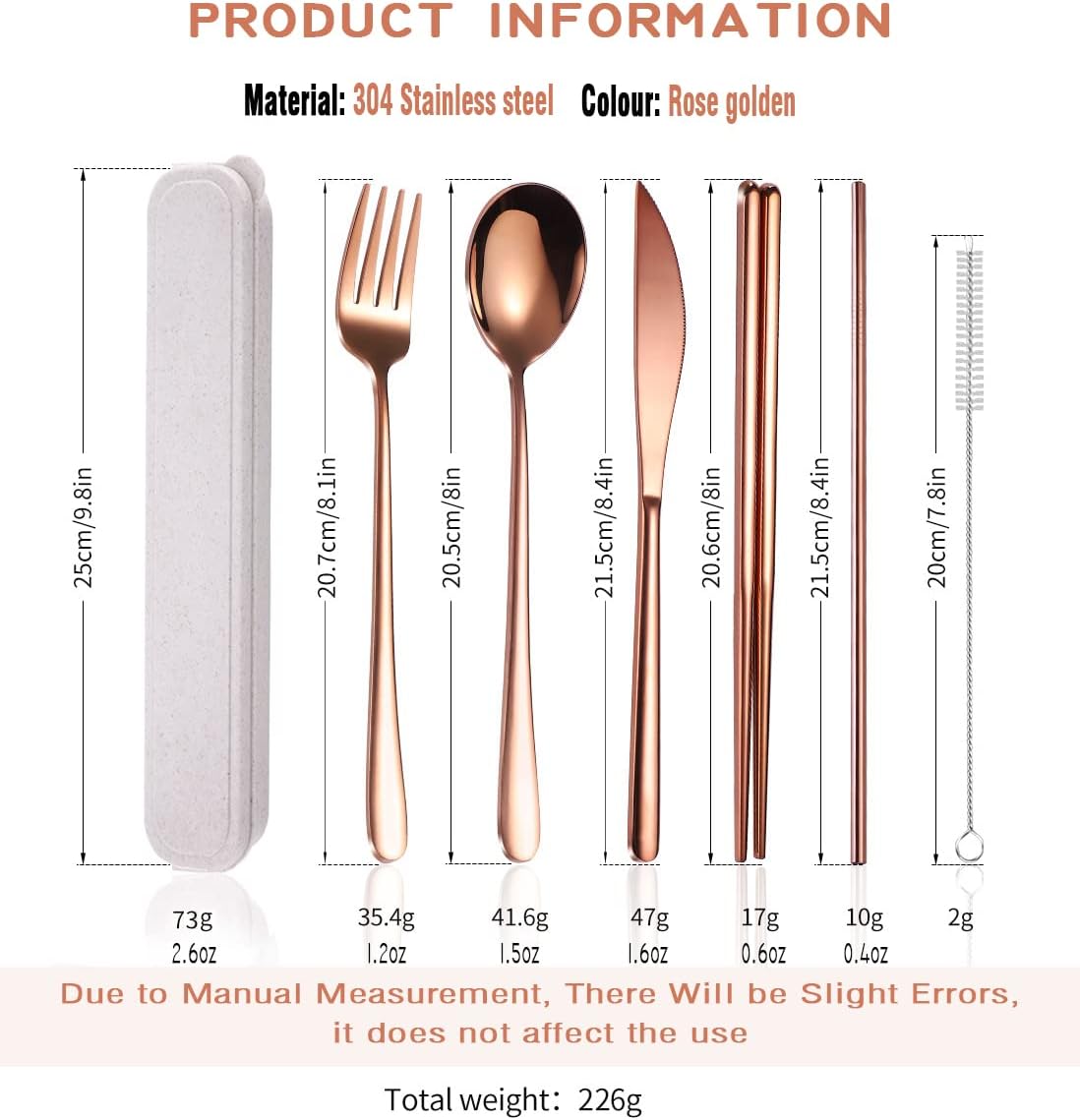 AARAINBOW 6 Pieces 18/8 Stainless Steel Flatware Set Portable Reusable Cutlery Set Travel Utensils Set Including Chopsticks Knife Fork Spoon Straws