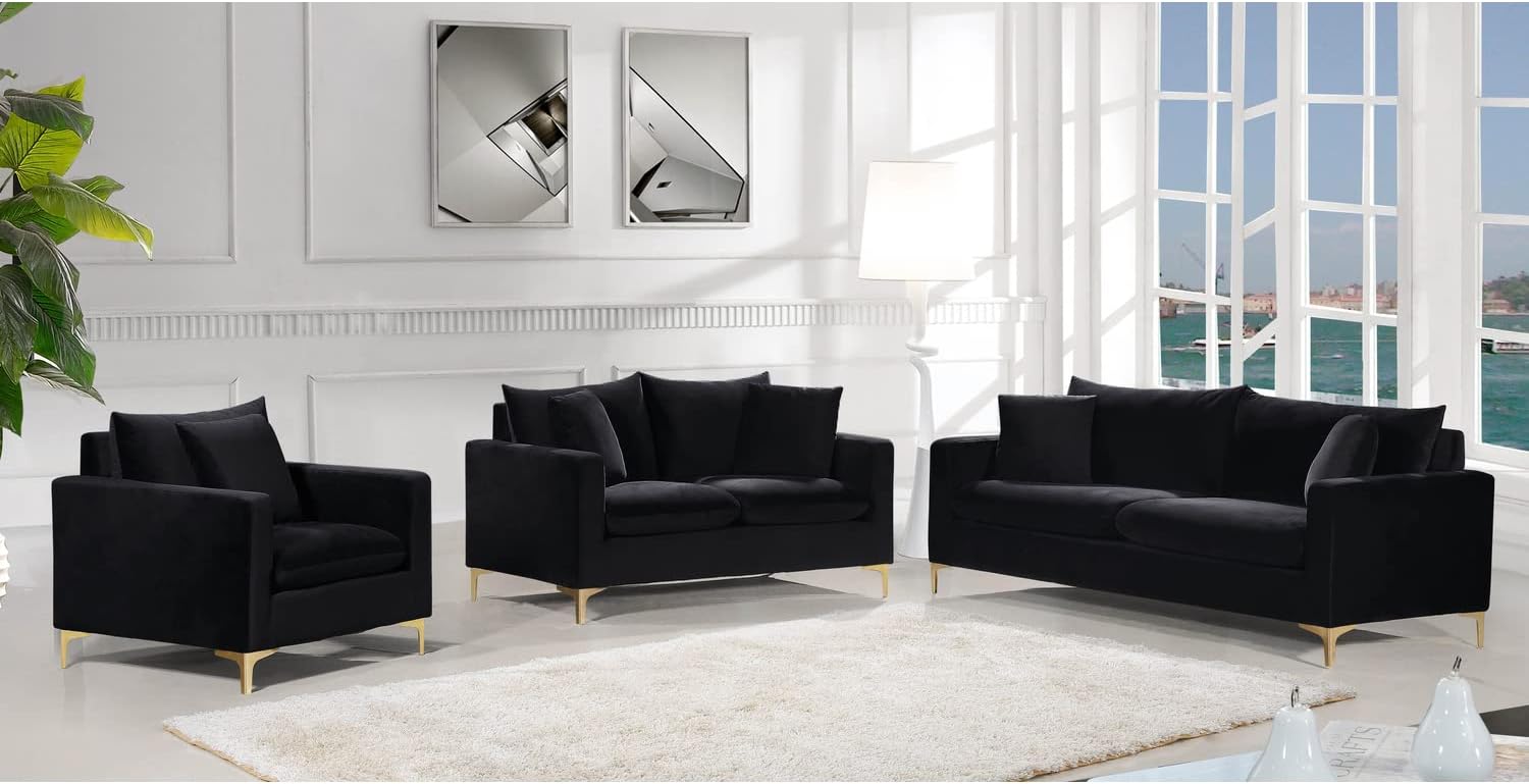 Meridian Furniture Naomi Collection Modern | Contemporary Grey Velvet Upholstered Loveseat with Stainless Steel Base in a Rich Gold or Chrome Finish, 633Grey-L