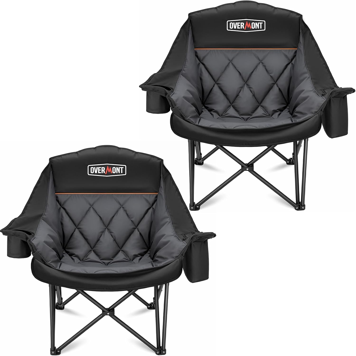 Overmont Oversized XL Camping Chair for Adults - 500lbs Support Heavy-Duty Padded Folding Chair with Side Pocket Cup Holder Cooling Bag for Outdoor Sports Garden Beach Fishing Lawn Black