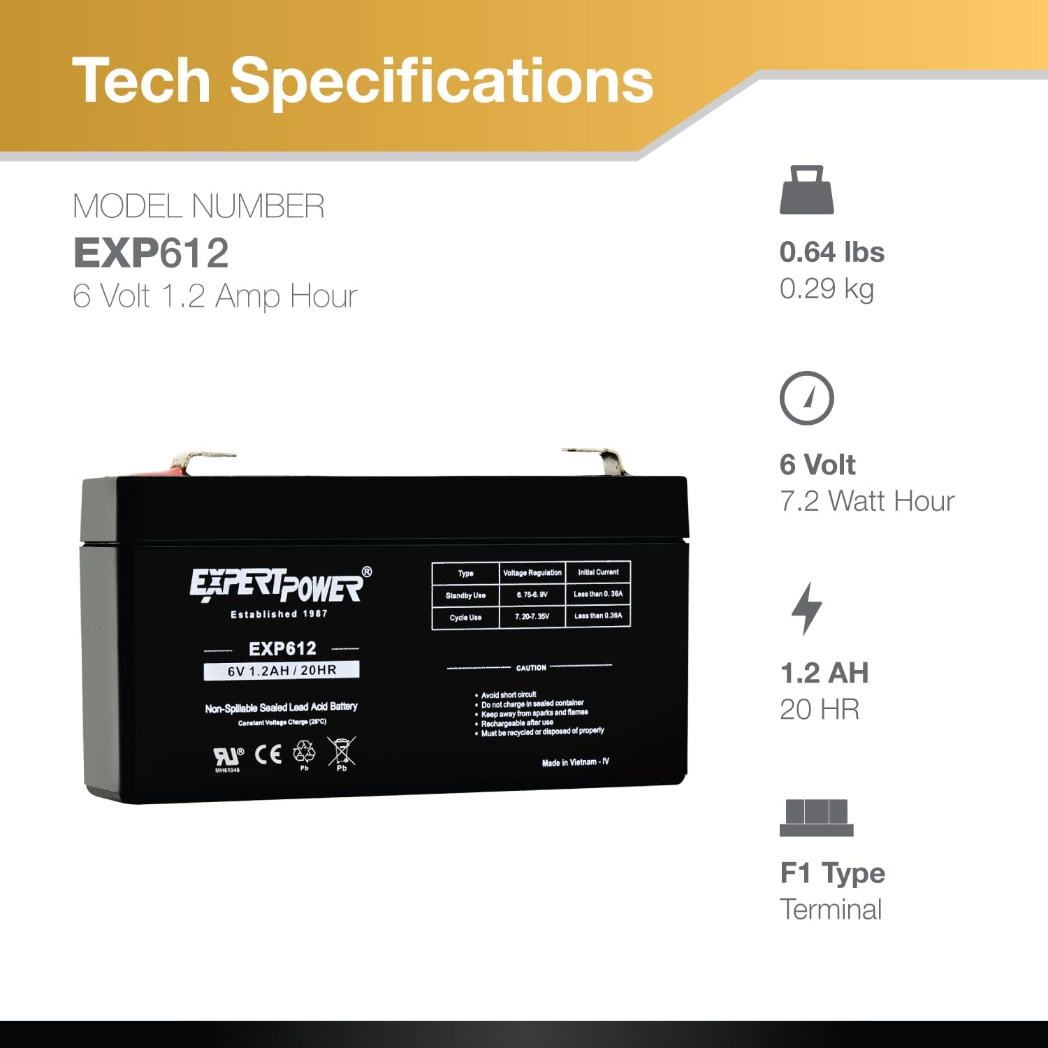 ExpertPower EXP612-1.2Ah 6V Rechargeable Battery, Alarm Battery Replacement for Security System, Home Alarm, GE XT Backup, Replaces DJW6-1.2