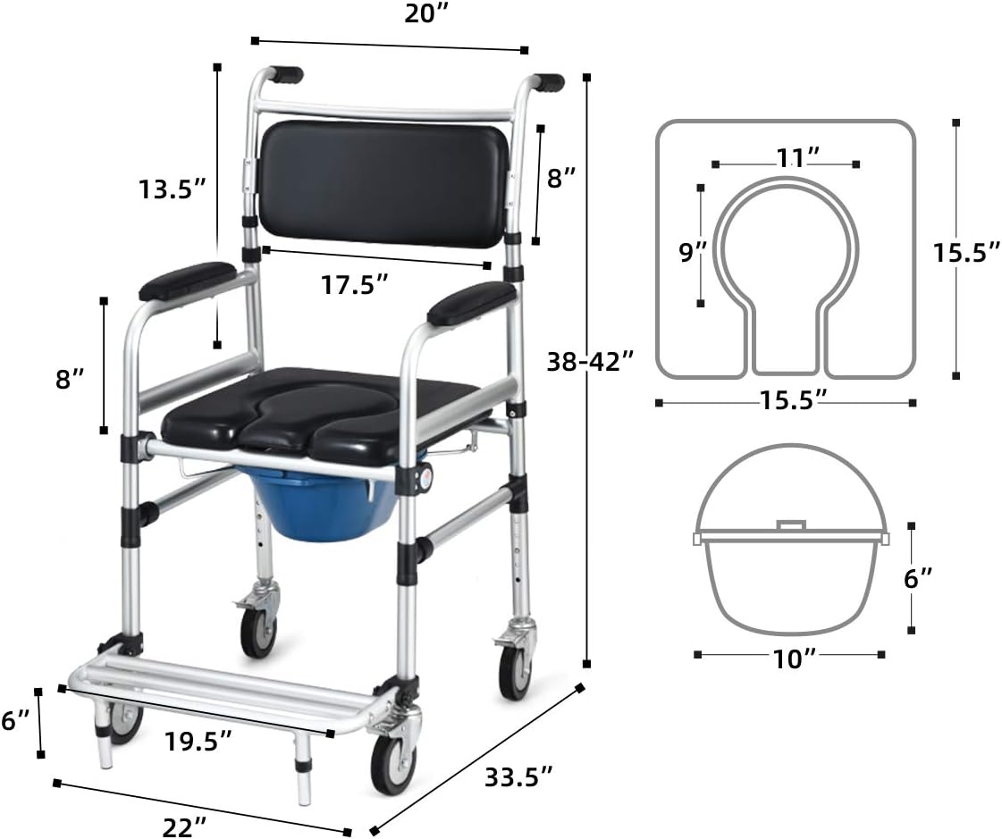 Giantex 3 in 1 Lightweight Shower Commode, Transport Bedside Commode with Wheels, Adjustable Height and Pedal, Shower Wheelchair for Elder