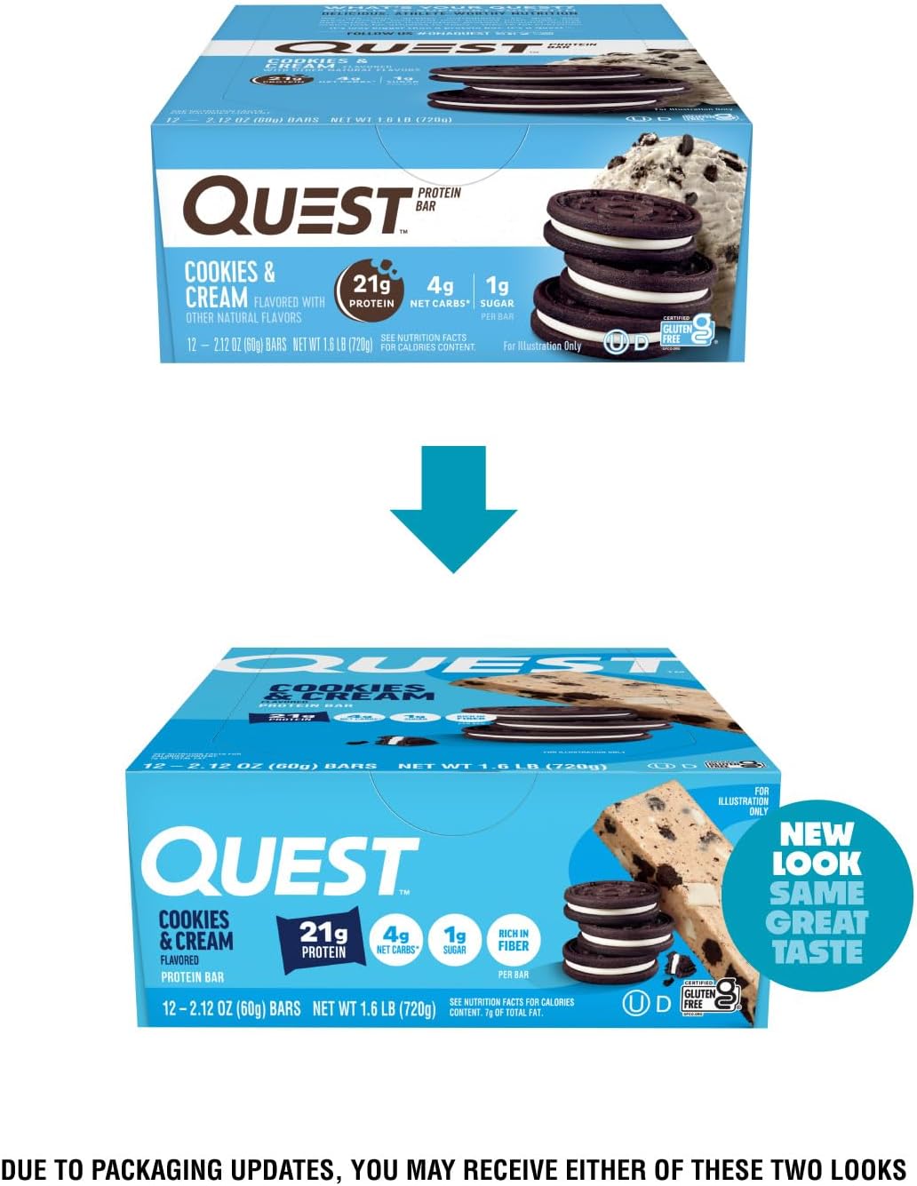 Quest Nutrition Oatmeal Chocolate Chip Protein Bars, 20g Protein, 12 Count | 12g Fiber, 5g Net Carbs, 1g Sugar, Gluten Free, High Quality Protein, Soft and Chewy, Individually Wrapped 2.12oz Bars