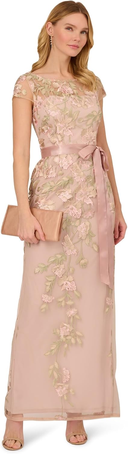 Adrianna Papell Cascading Floral Embroidered Long Column Gown