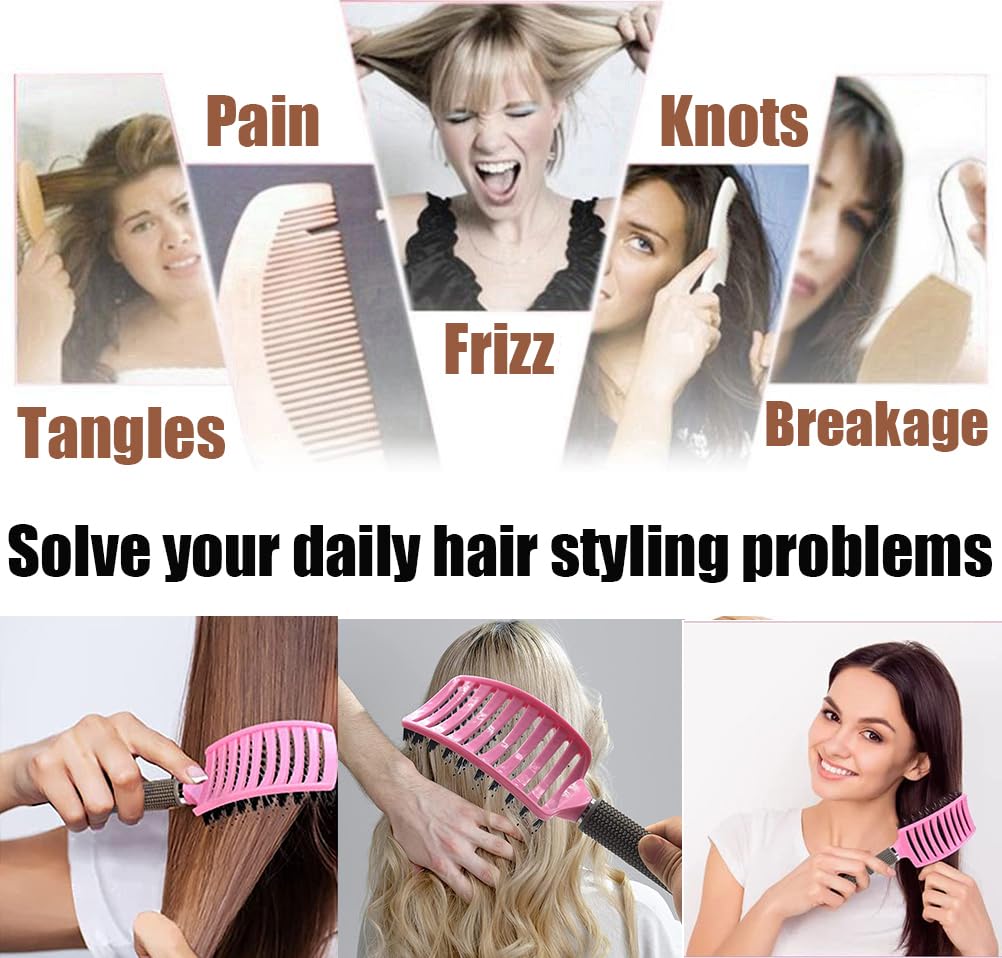 Boar Bristle Detangler Vent Hair Brush for Blow Drying, Curved Vented Paddle Detangling Brush for Women Men