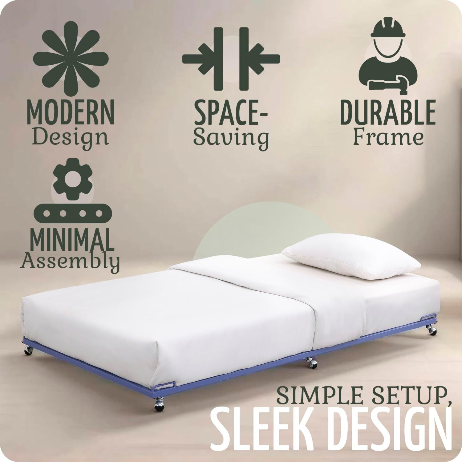 2K Furniture Designs - Twin Size Black Metal Roll Out Trundle Bed Frame for Daybed | Space-Saving Guest Bed - Slides Under Daybeds for Overnight Visitors, Dorms, and Small Spaces
