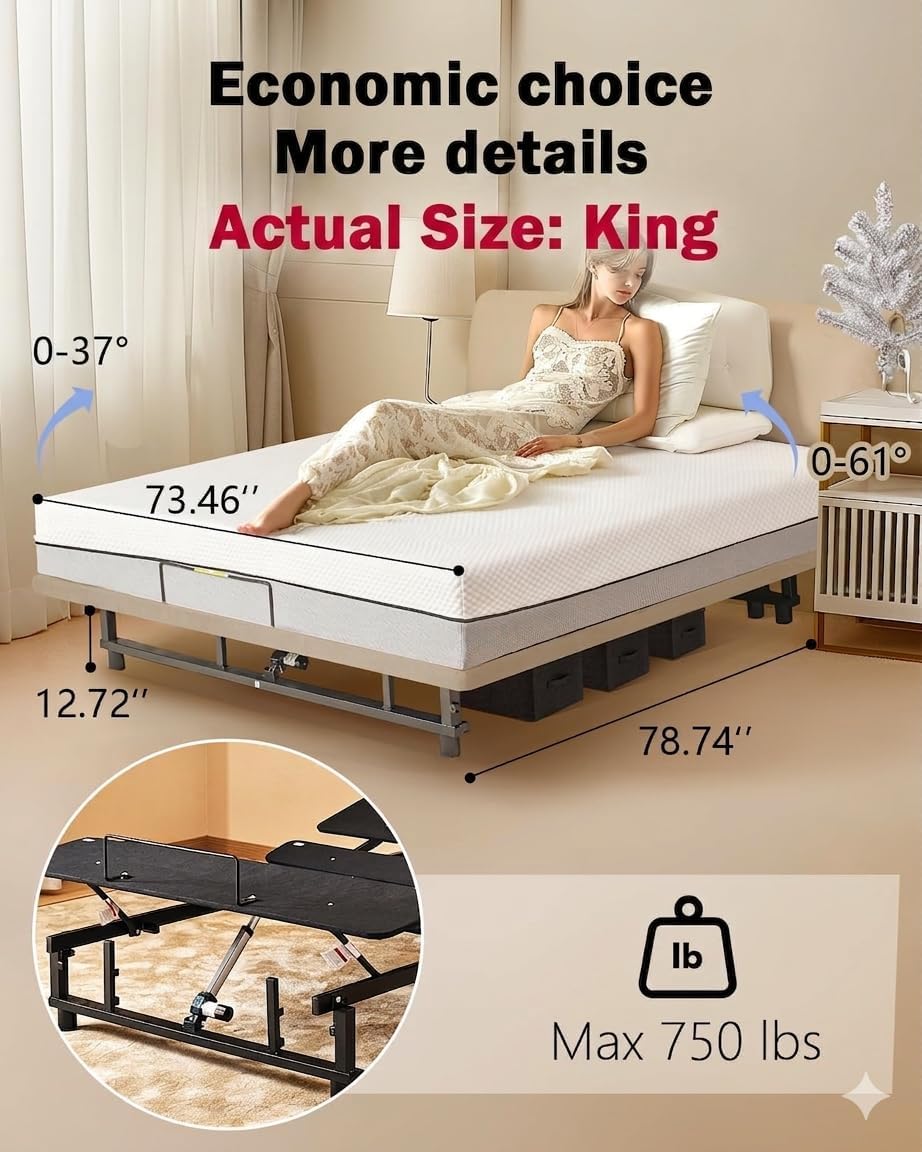 Mixcous King Adjustable Bed Frame with Zero Gravity Heavy Duty 750 lbs | Zero Gravity Anti-Snore Mode, Head & Foot Incline, Wireless Remote Control, Easy Assembly, Heavy Duty Frame