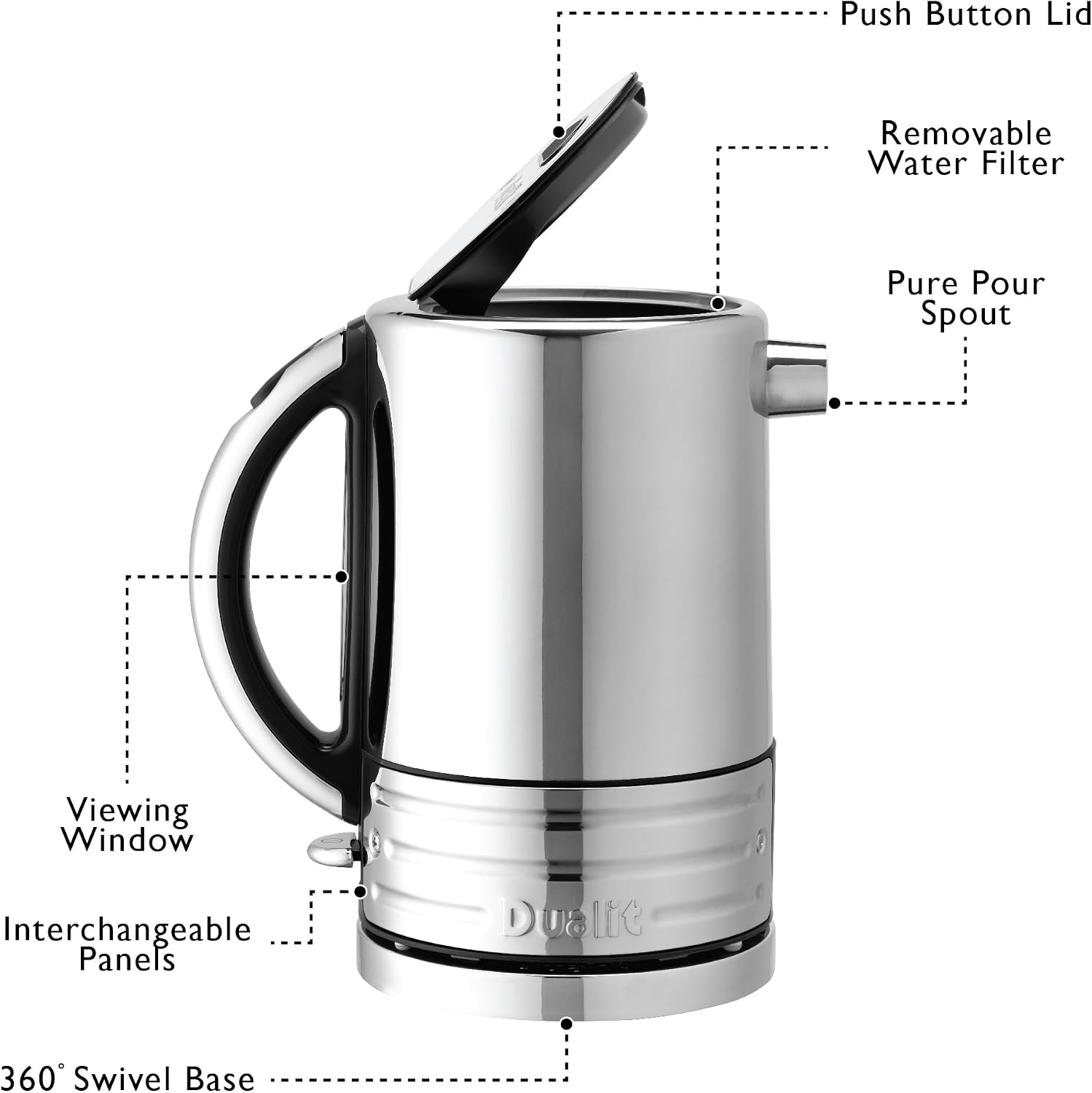 Dualit Design Series Kettle - 50.7 fl.oz - Stainless Steel Kettle with Black Trim - Rapid Boil and Patented Pure Pour Non-Drip Spout - Measuring