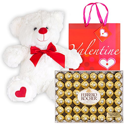 Ferrero Rocher Hazelnut Chocolates Diamond Box 48 Count | Teddy Bear Plush | Valentine Day Premium Gift Bag | Sweetheart Love For Wife Girlfriend