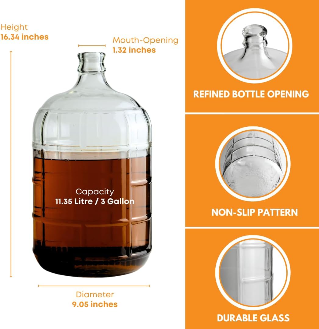 3 Gallon Clear Glass Italian Carboy - 30 mm Cork Neck Finish (CORK NOT INCLUDED)