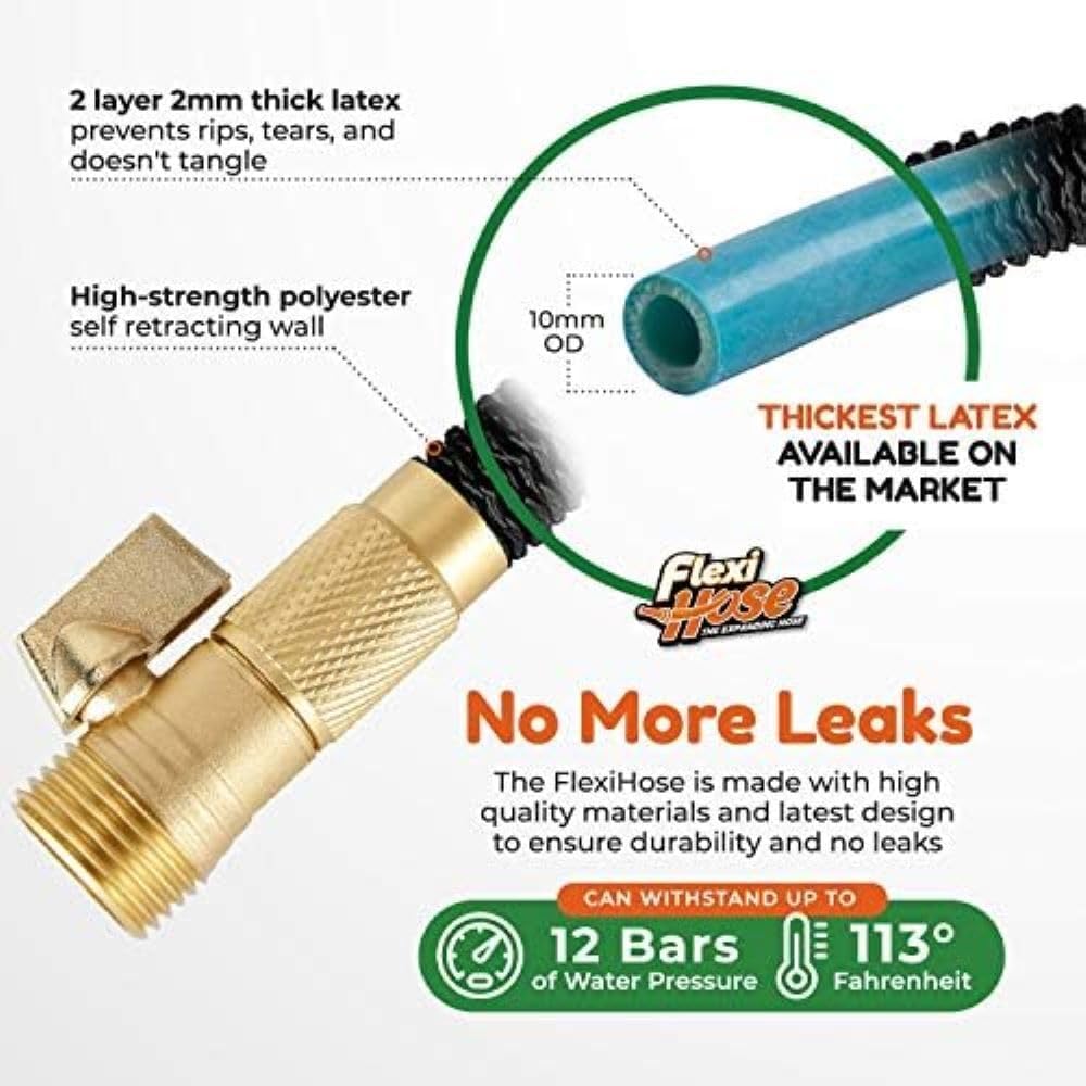 Flexi Hose Lightweight Expandable Garden Hose, 50FT - Retractable Garden Hose, Water Hose - No-Kink Flexibility, 3/4 Inch Solid Brass Fittings and Double Latex Core