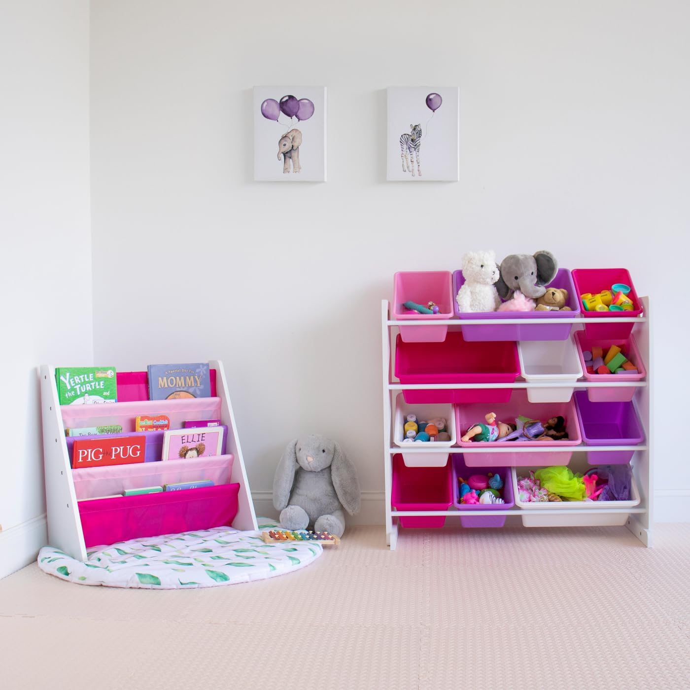 Humble Crew Kids Bookshelf, Montessori Front Facing Toddler Bookcase 4 Tier | Book display rack and reading nook organizer, nylon pockets show covers face out, compact for any playroom or bedroom space