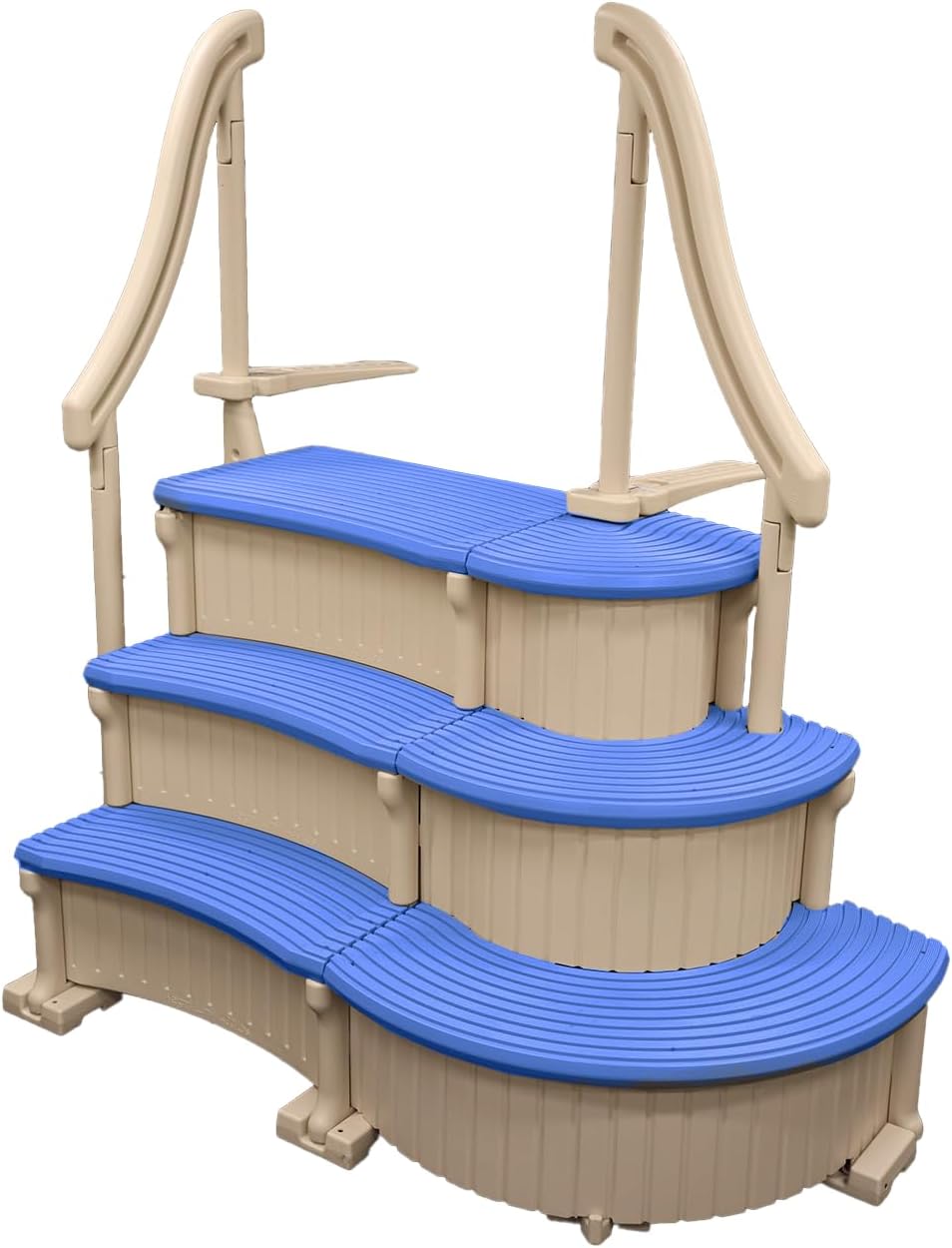 Confer Plastics Curved Drop-in Inground Pool Step 3 Tread Stair Entry System w/ 2 Handrails & Adjustable Mounting Brackets - Base Step, Grey Treads
