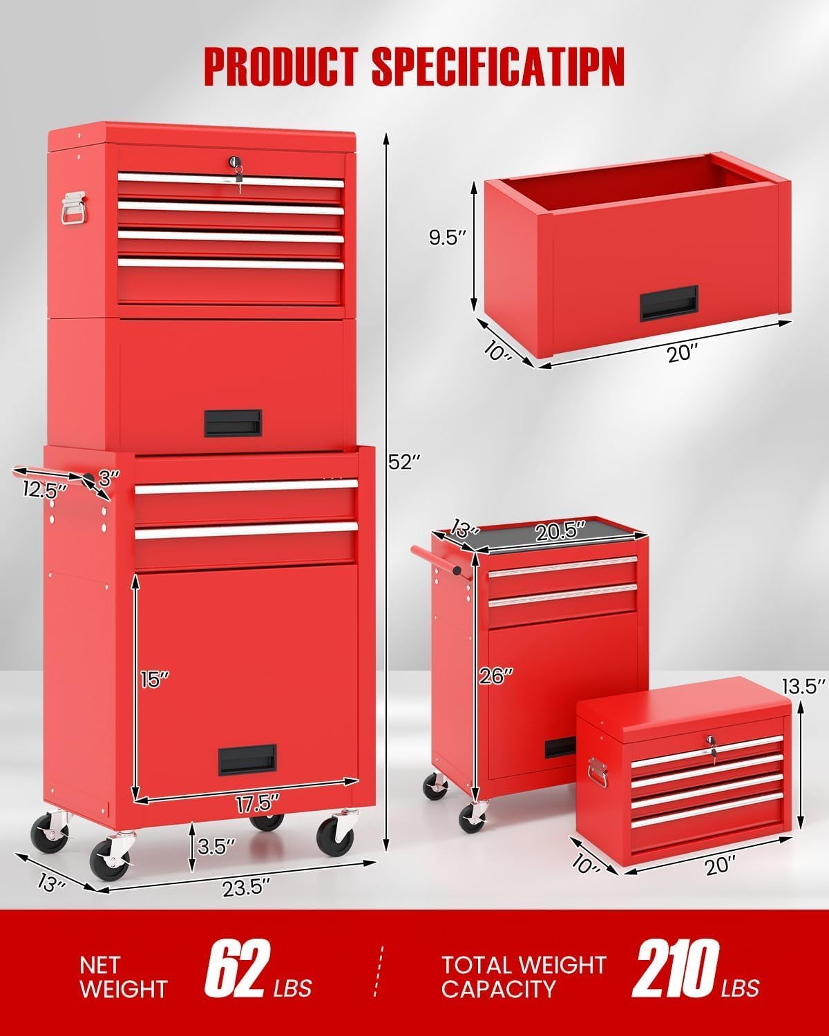 Goplus Rolling Tool Chest, 5-Drawer Tool Box Organizer w/Lockable Wheels & Sliding Drawers & Detachable Top & Adjustable Shelf, Tool Storage Cabinet for Garage Workshop (Red)
