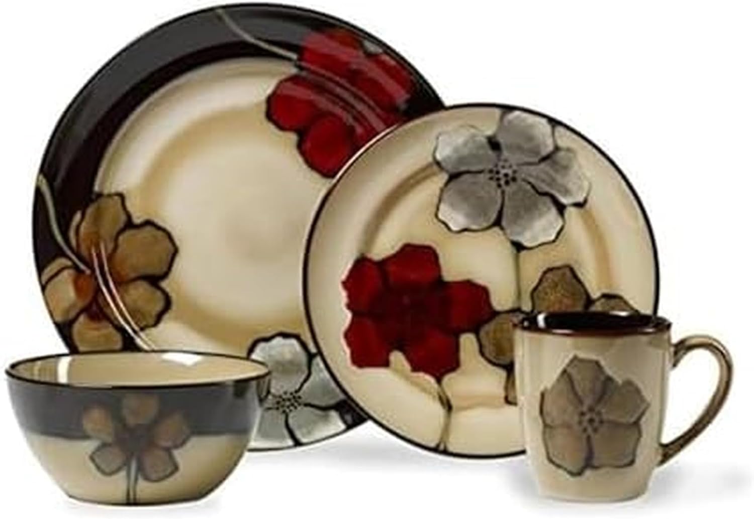 Pfaltzgraff Painted Poppies 16-Piece Stoneware Dinnerware Set, Service for 4, Dinner Plates, Salad Plates, Bowls and Mugs