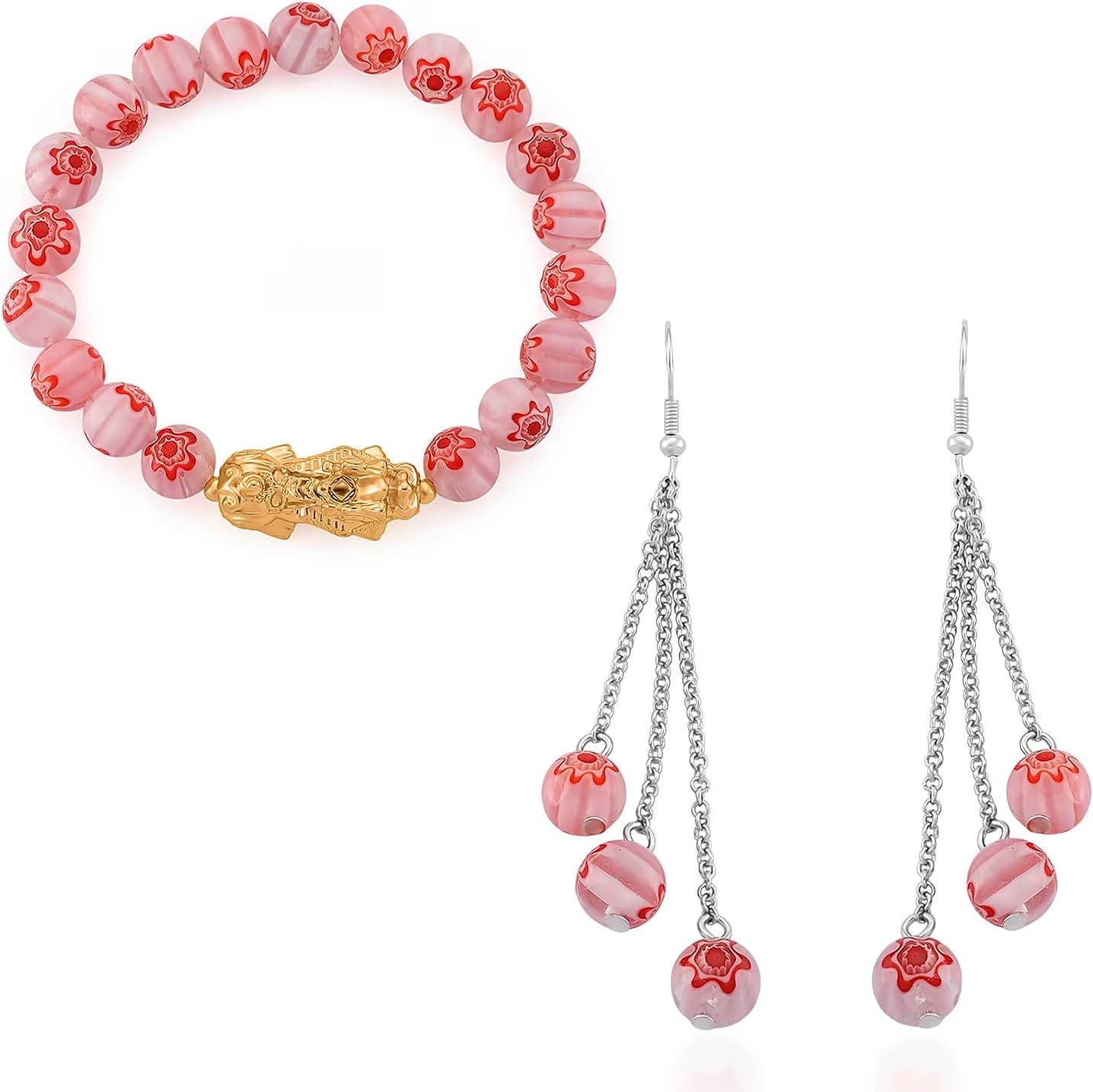 Pink Color Murano Style Beaded Stretch Bracelet Charm Earrings Steel | Birthday, Gifts