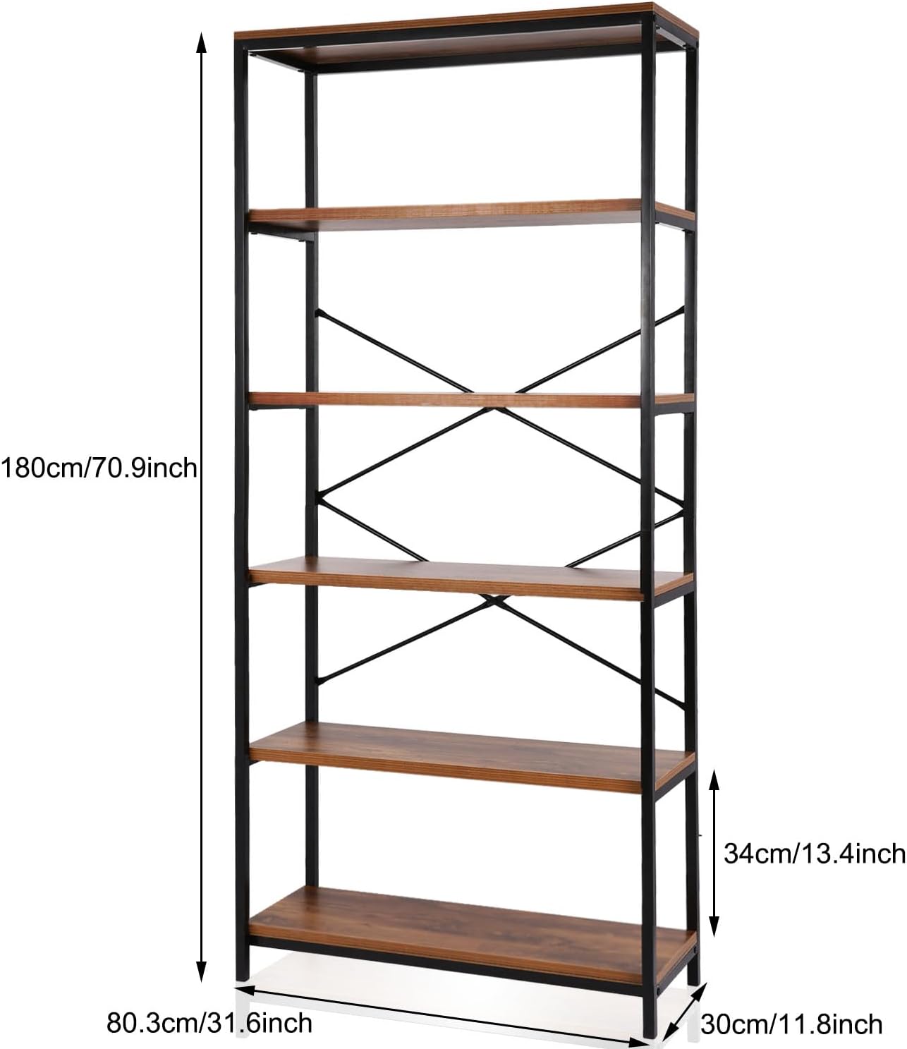 BATHWA Wood and Metal Minimalist 5 Tier Bookshelf, 6 feet Tall Open Rustic Wide Bookcase Industrial Style
