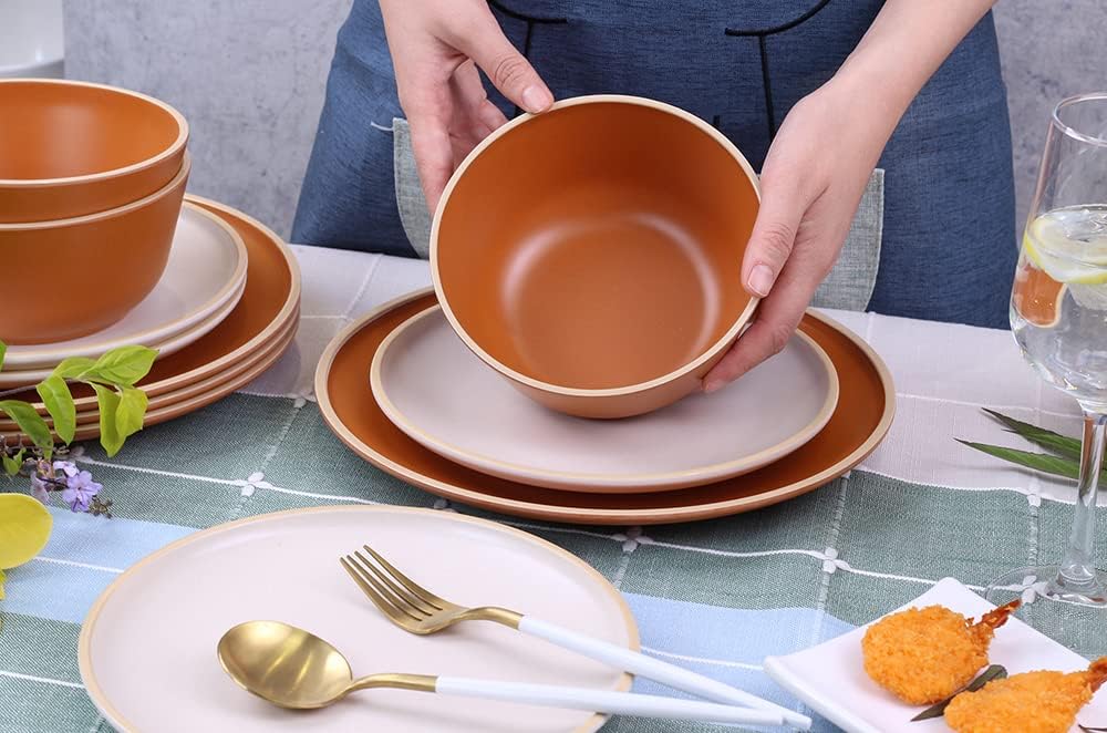Melamine Dinnerware Sets, Plates and Bowls Sets 12 Pcs, Melamine Plates, Dish Set for 4, Unbreakable Dinnerware Set for Party, BPA Free