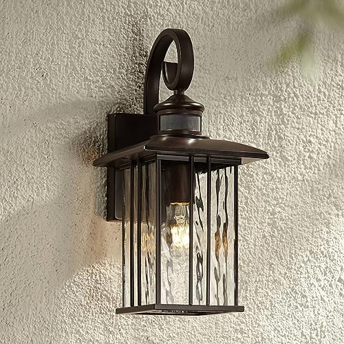 Deaver 15 1/4" Rubbed Bronze Motion Sensor Outdoor Wall Light Fixture | Modern Oil Clear Water Glass Lantern Dusk to Dawn Security Exterior House