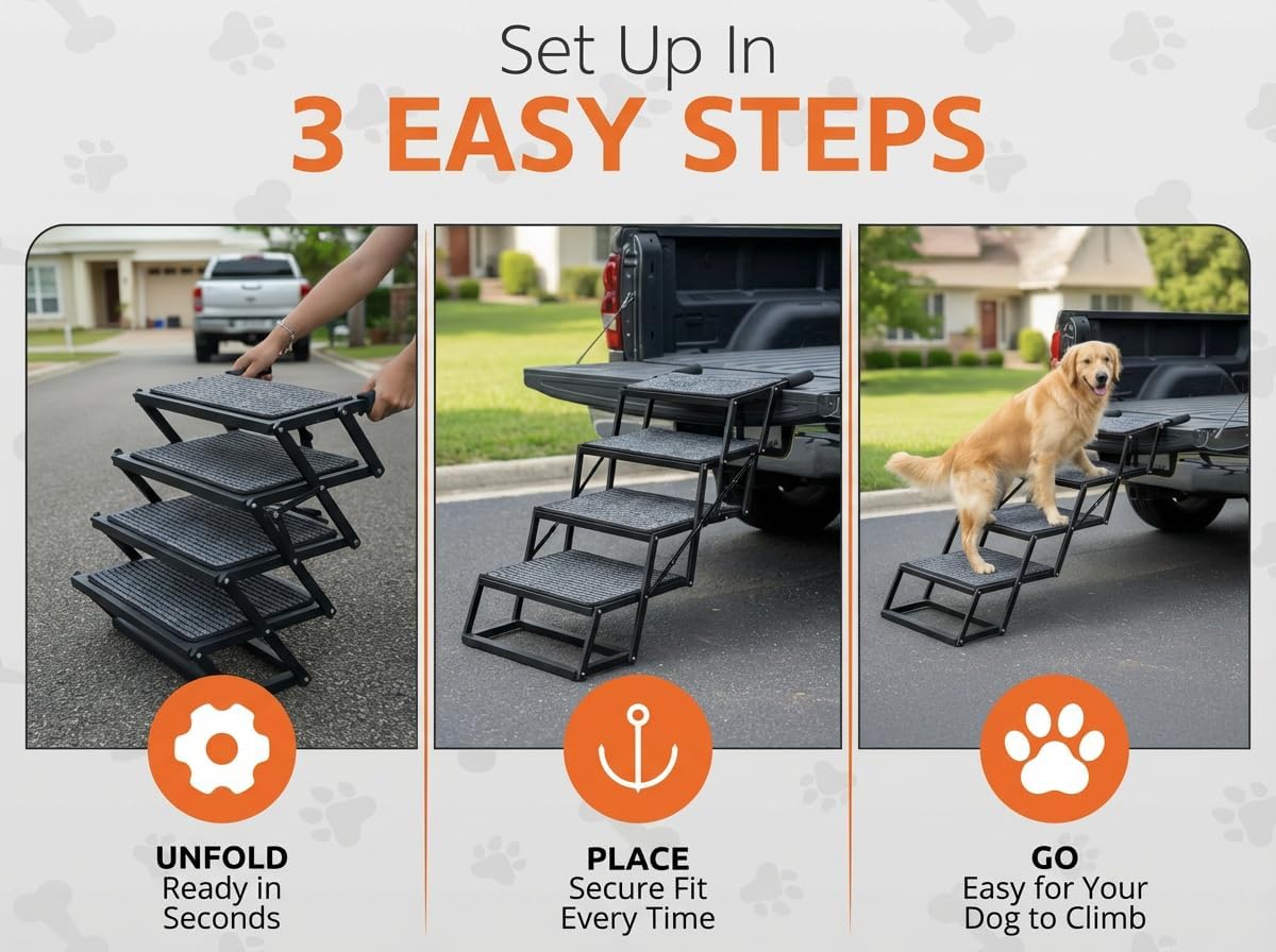 Foldable Dog Stairs for Cars Trucks & SUVs - Heavy-Duty Carbon Steel Pet Ladder Supports 230LB - Non-Slip Metal Mesh Joint-Friendly Portable Ramp for Large Dogs - 5 Step Pet Stairs w/Mat