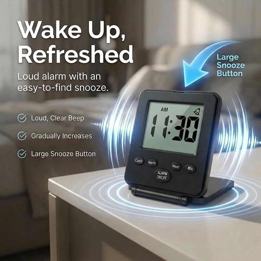 Digital Travel Alarm Clock - No Bells, No Whistles, Simple Basic Operation, Loud Alarm, Snooze, Small and Light, ON/Off Switch, 2 AAA Battery Powered