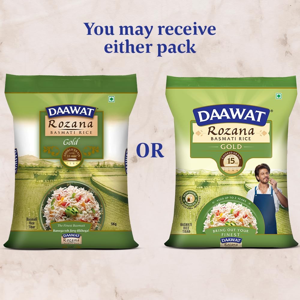 Daawat Rozana Gold Basmati Rice | Naturally Aged Long-Grain Rice | Fluffy & Non-Sticky | Ideal for Everyday Meals, 1 kg (2.2 lb)