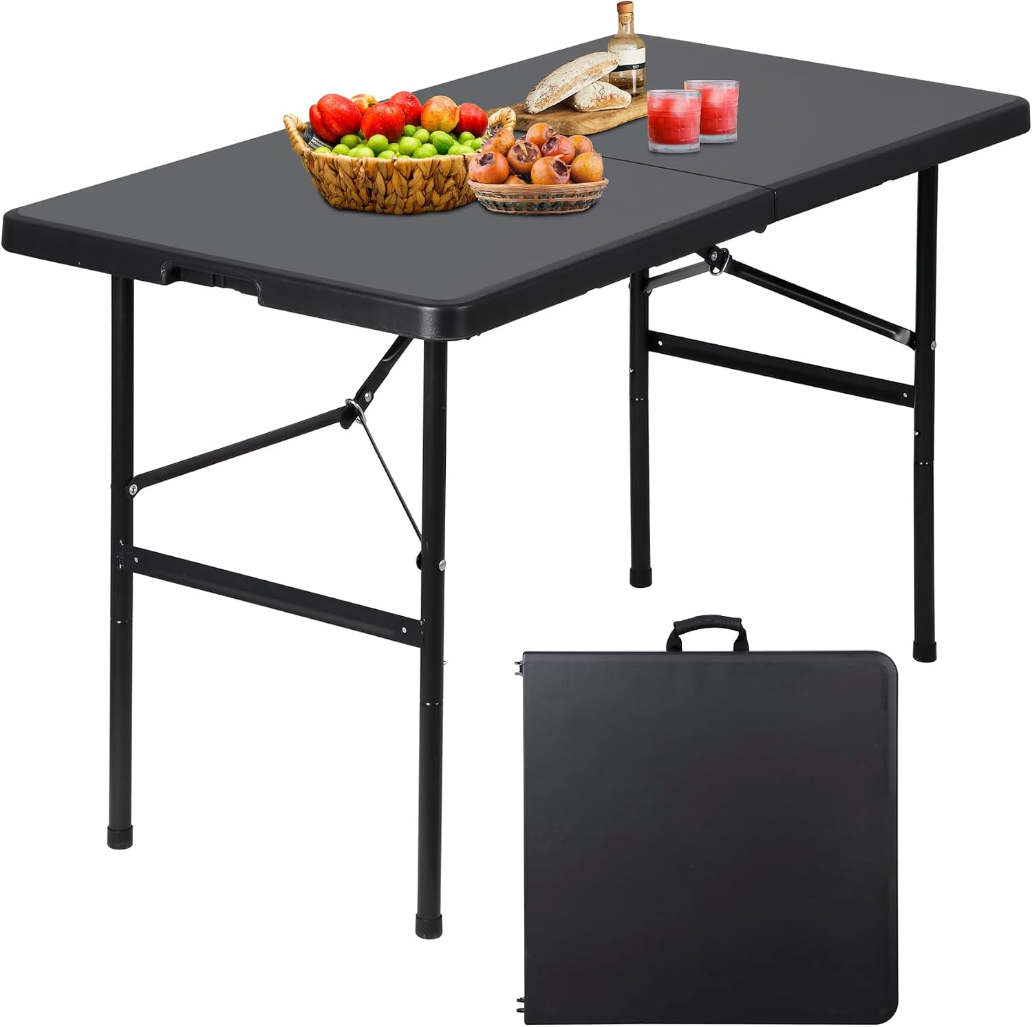 ZenStyle 6 ft Indoor Outdoor Heavy Duty Plastic Folding Table Portable Picnic Table Fold-in-Half Utility Table w/Handle and Steel Legs for Camping