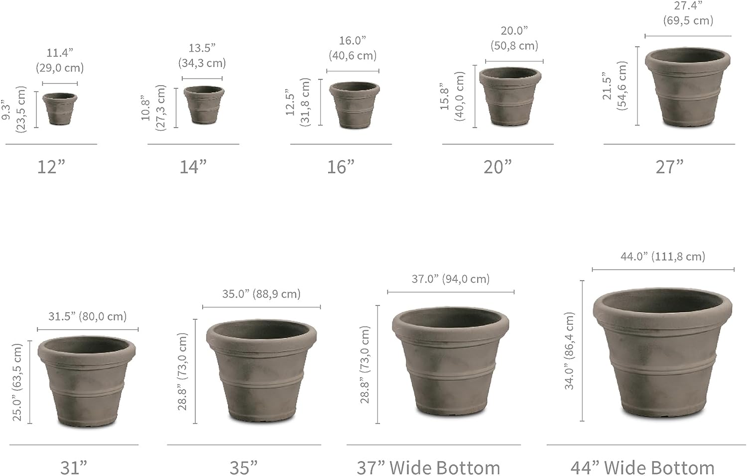 Crescent Garden Brunello Classic Gray Rolled Rim Planter Pot, Lightweight Indoor/Outdoor Weather-Safe Round Plant Pot, 27''W (Weathered Concrete)